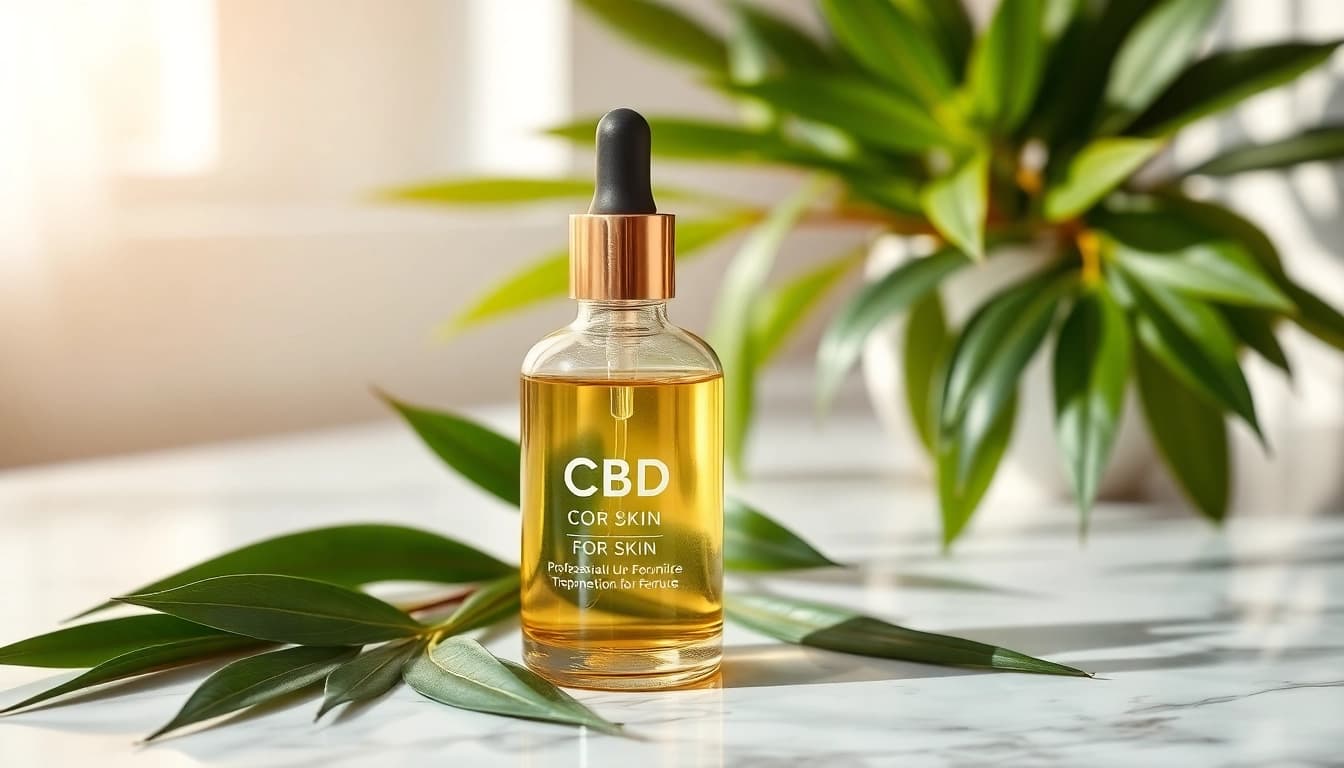 Applying CBD oil for skin in a serene skincare setting with natural elements and soothing lighting.