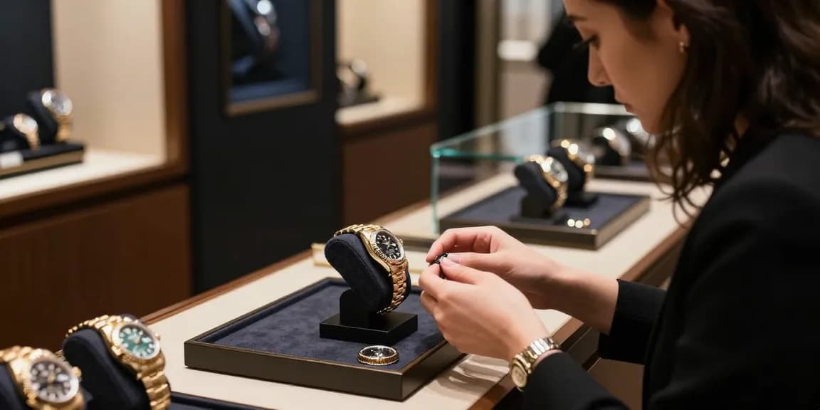 Exquisite Rolex replica watch displayed in a refined boutique setting with an elegant customer examining it closely