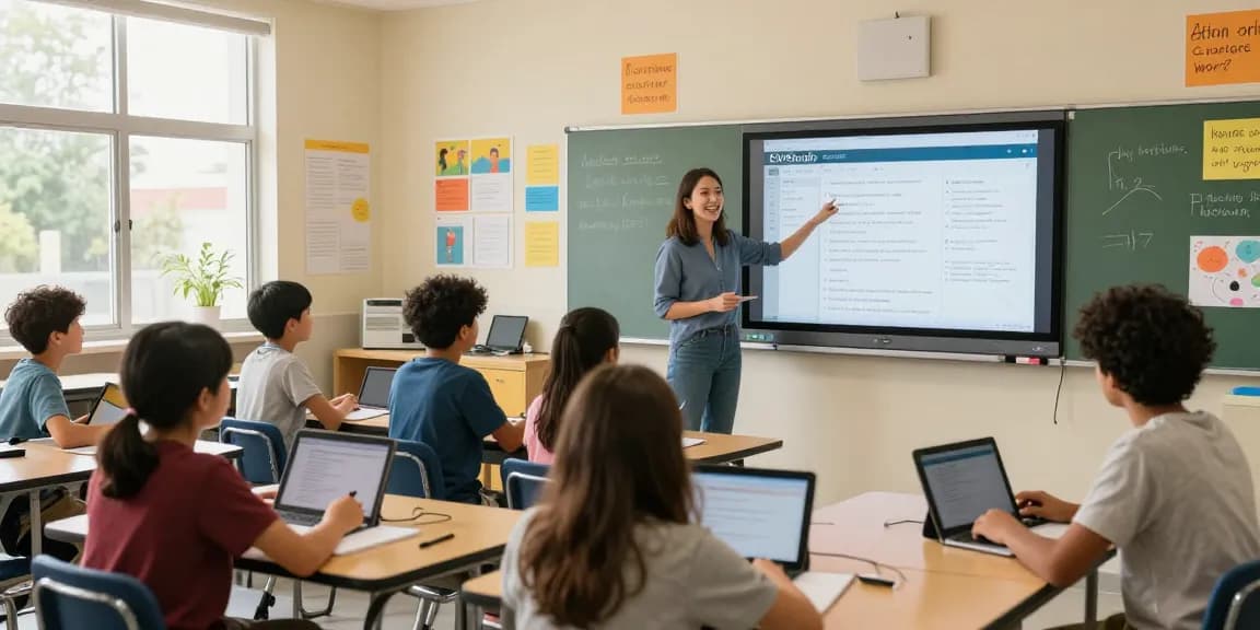 Teacher using EMStudio online planner in a vibrant classroom to enhance classroom management and lesson planning.