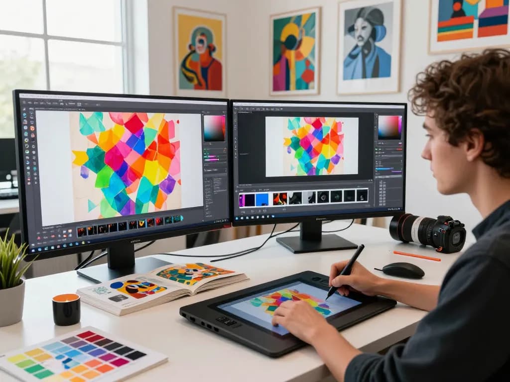 Creative artist utilizing Nano Banana Pro AI image editor in a vibrant art studio.