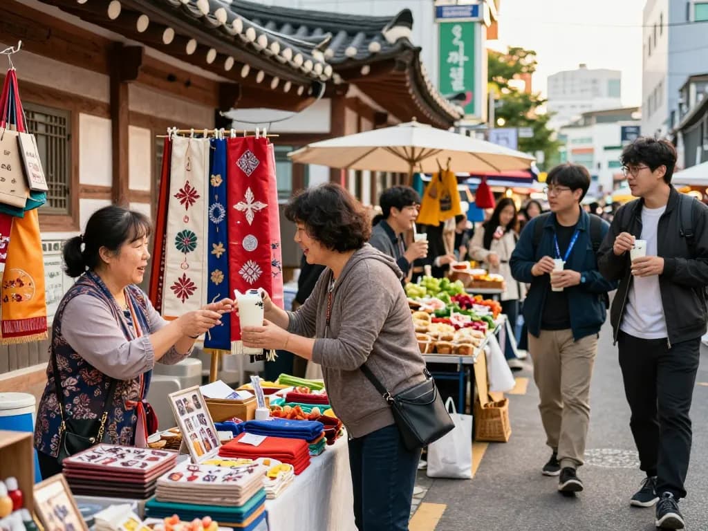 Explore vibrant Seoul marketplace with local vendors showcasing unique handcrafted goods and street food experiences for visitors, highlighting the essence of community.