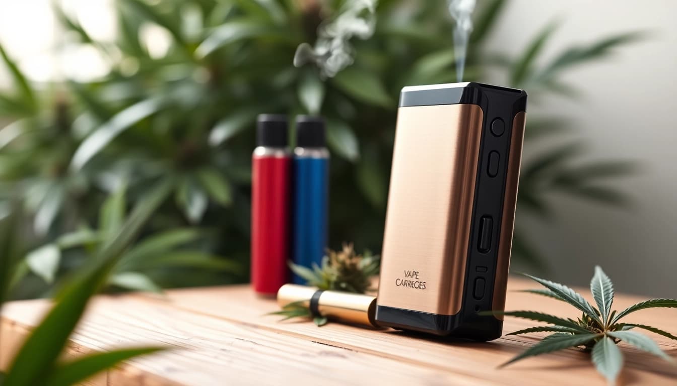 Cannabis Vape setup showcasing a premium vaporizer with colorful cartridges on a wooden surface.