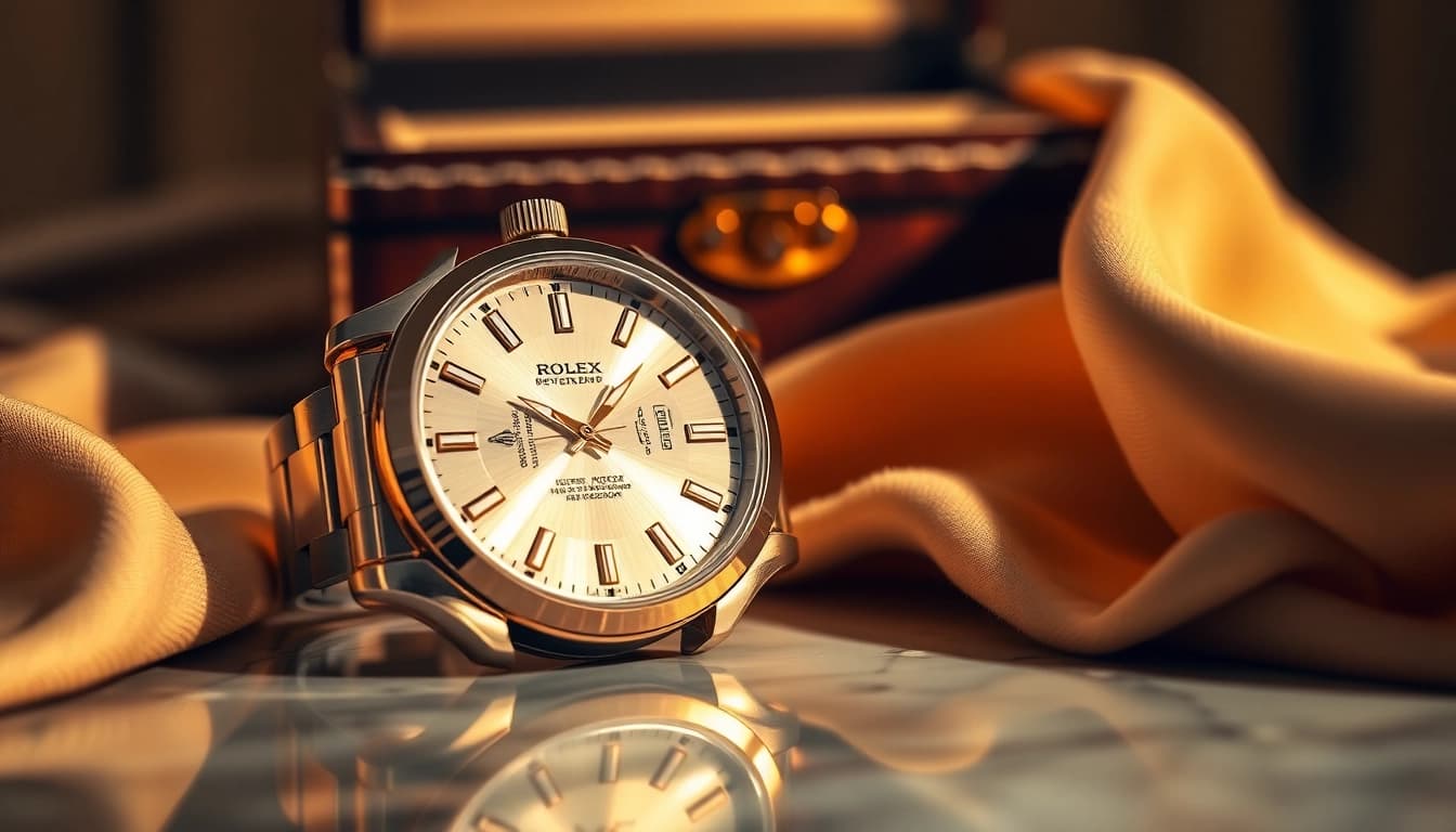 Showcasing a meticulously detailed rolex replica on marble, emphasizing luxury and elegance.