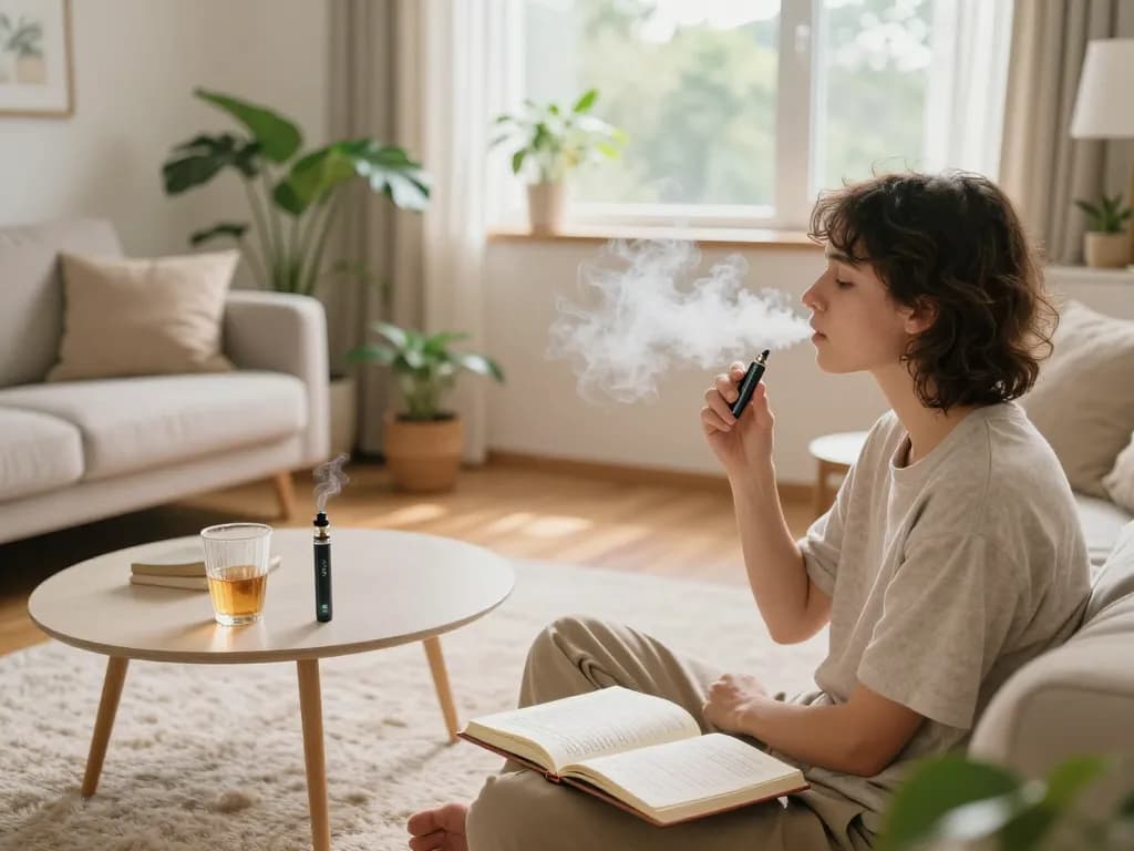 THCpuff THC usa e getta penna vape su un tavolino in un salotto rilassato con elementi di benessere naturale.