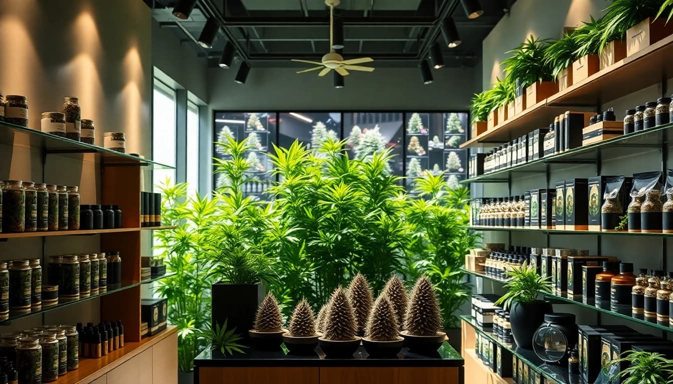 Where can you buy weed online at a modern dispensary showcasing cannabis products.
