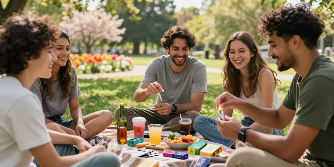Friends enjoying thc pre rolls uk during a sunny picnic in the park, capturing camaraderie and relaxation.