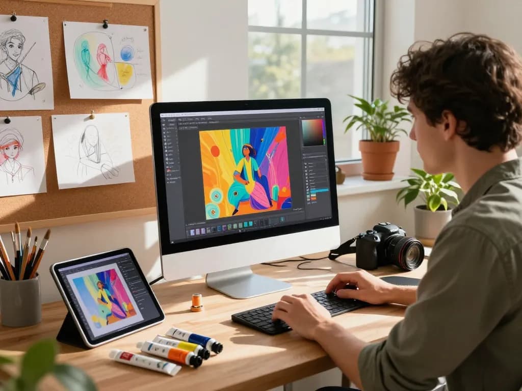 Artist engaged with Nano Banana 2 AI editor, showcasing vibrant AI-generated images in a creative workspace.