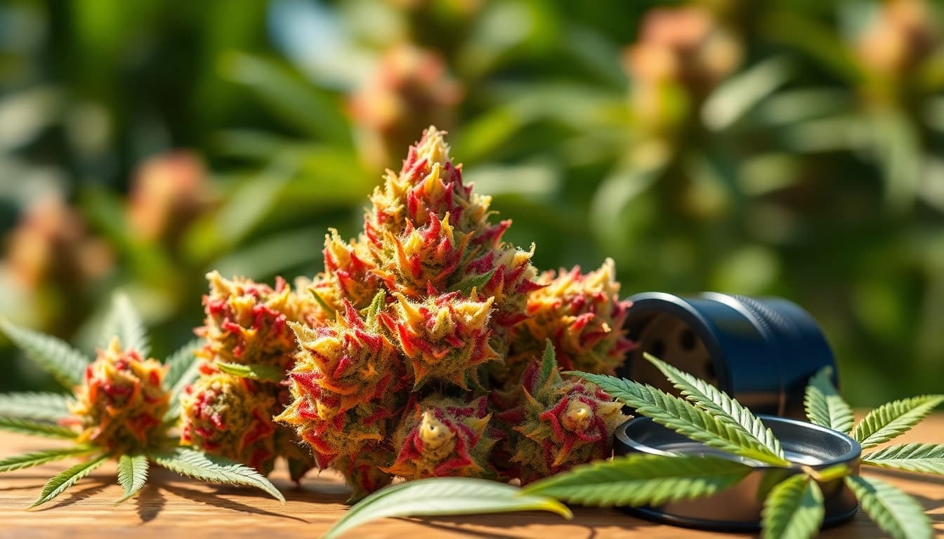 Glimpse the colorful Miami Runtz strain buds prominently displayed in a natural setting.