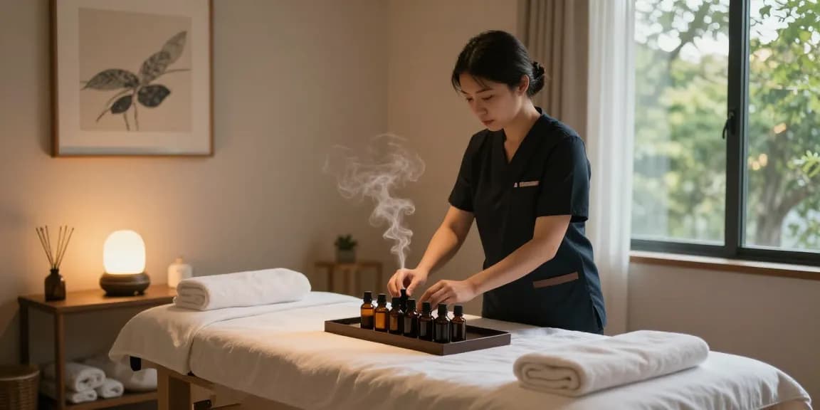 A relaxing therapy room for 구로마사지 with soothing oils and calming ambiance.