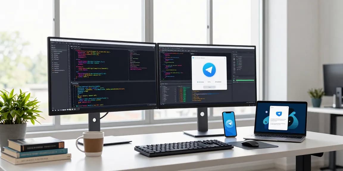 Telegram Download in a modern workspace with dual screens and software development tools, showcasing productivity.