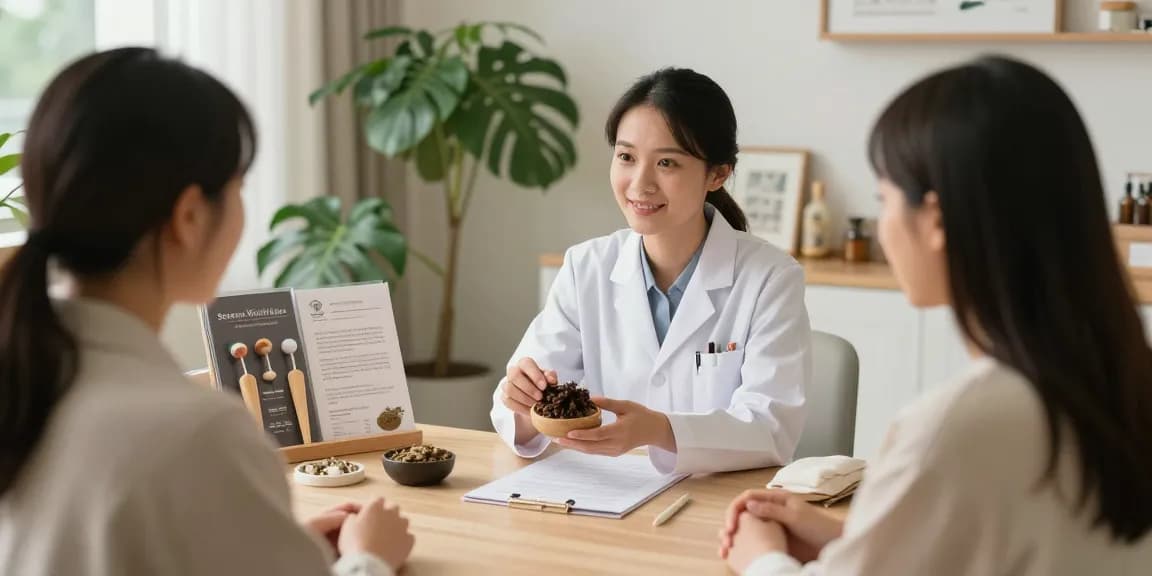 Patient consultation at 수원한의원 showcasing traditional herbs and remedies in a calming clinic setting.