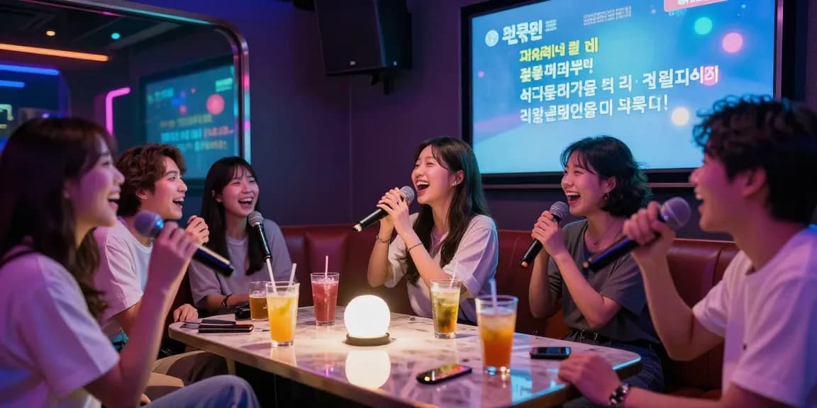 A lively 제주유흥 scene at a karaoke lounge in Jeju with friends enjoying vibrant entertainment and colorful lights.