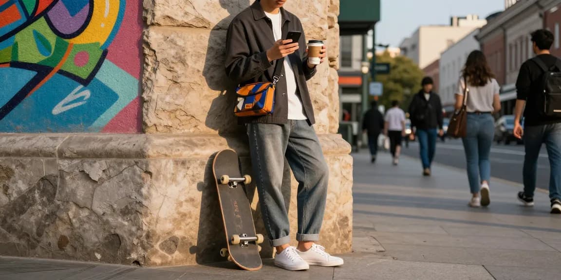 Stylish individual engaging with smartphone in urban setting, highlighting modern fashion trends from https://shs-dome5.com/.