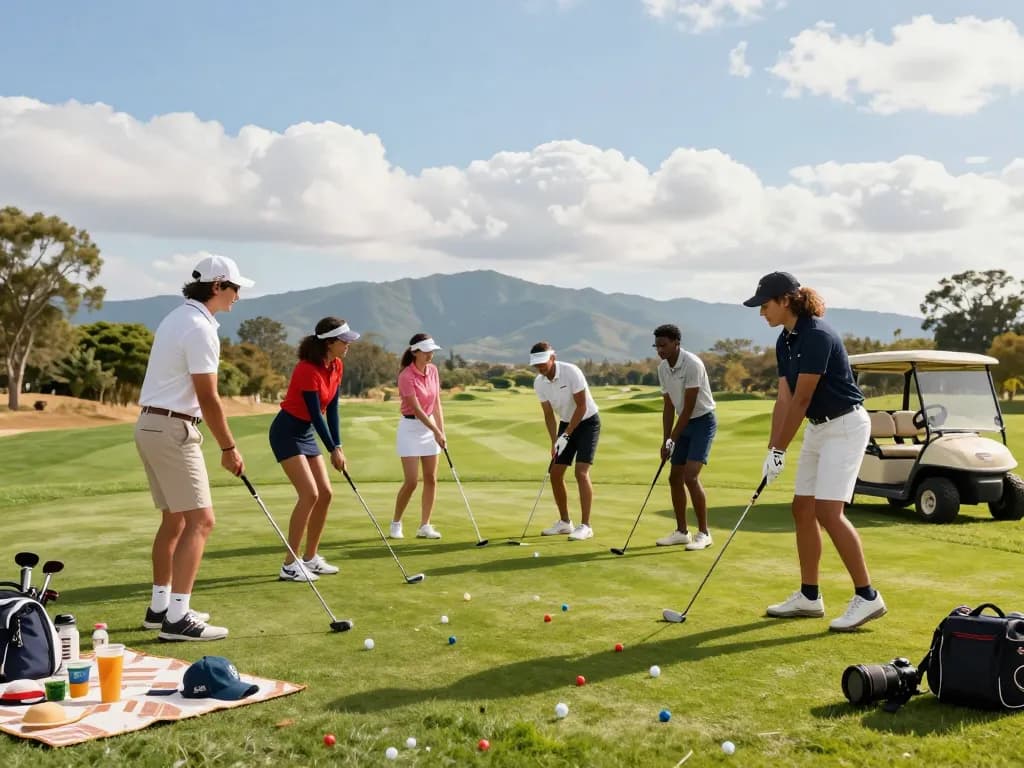 Stylish 골프웨어 레플리카 outfits on friends enjoying a sunny day of golf on a beautiful course.