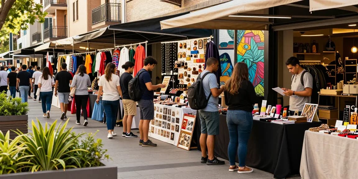 Vibrant urban shopping scene at a market showcasing diverse vendors and engaged shoppers exploring various products including clothing and accessories.
