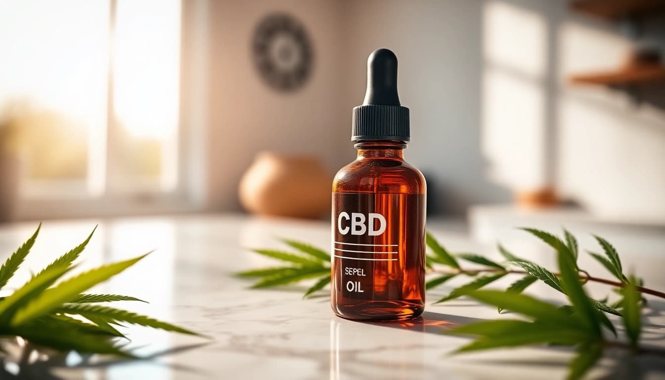 Showcase CBD oil bottle alongside fresh hemp leaves for wellness promotion.