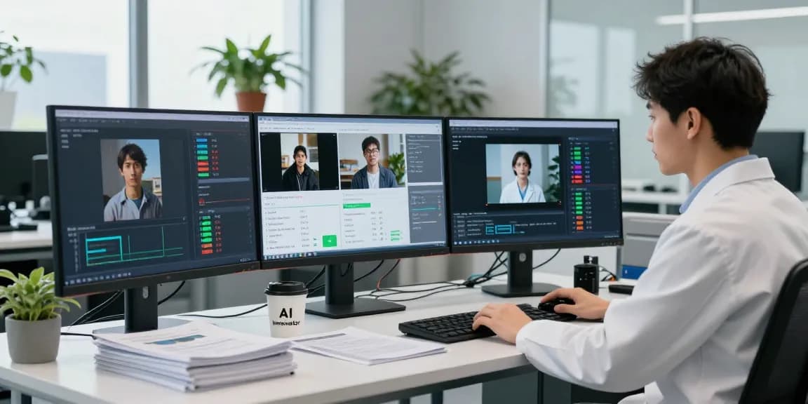 AI detector analysis in a modern lab with multiple screens showing detection metrics and image formats.