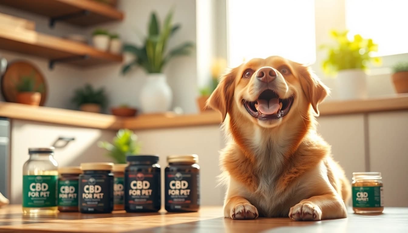 CBD For Pet products enhancing dog well-being in a sunny kitchen environment.