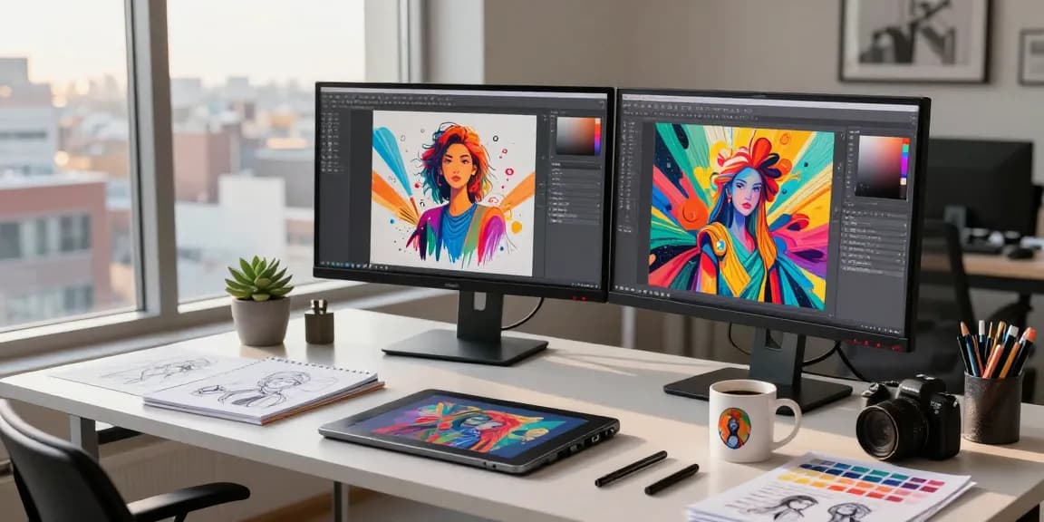 Generating image to prompt in a vibrant digital art workspace with monitors showcasing AI art.
