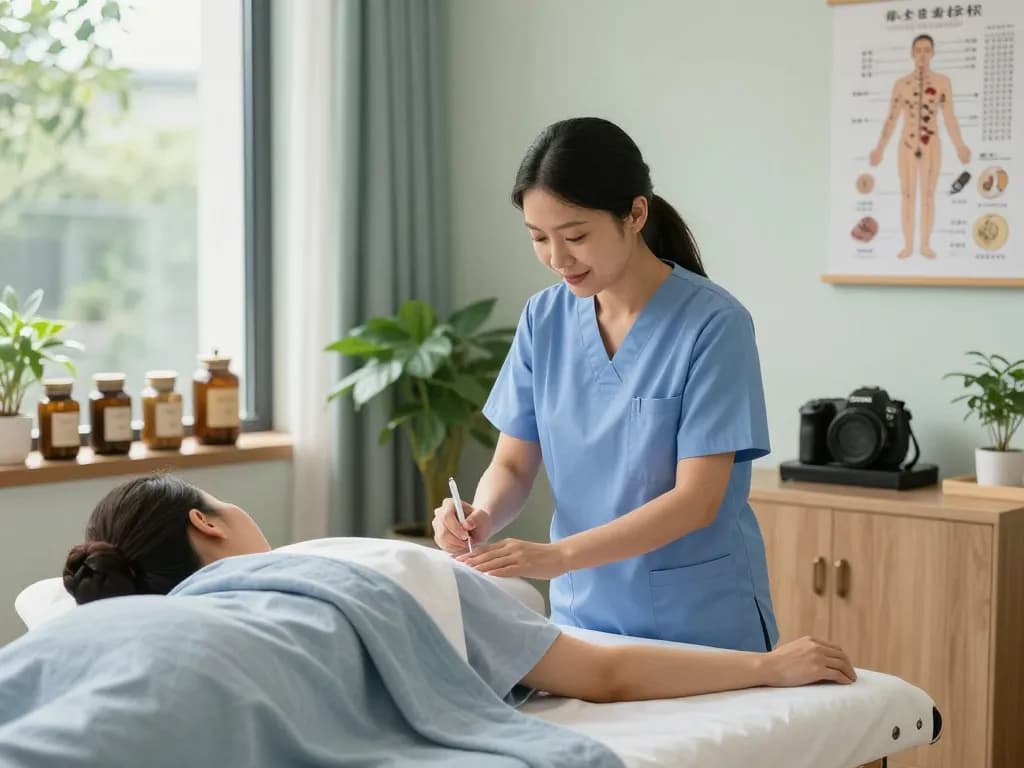 수원한의원 providing serene acupuncture treatment in a calming clinic environment.