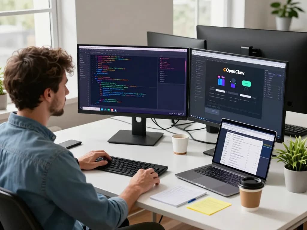 Developer using OpenClaw AI on multiple monitors in a modern workspace.