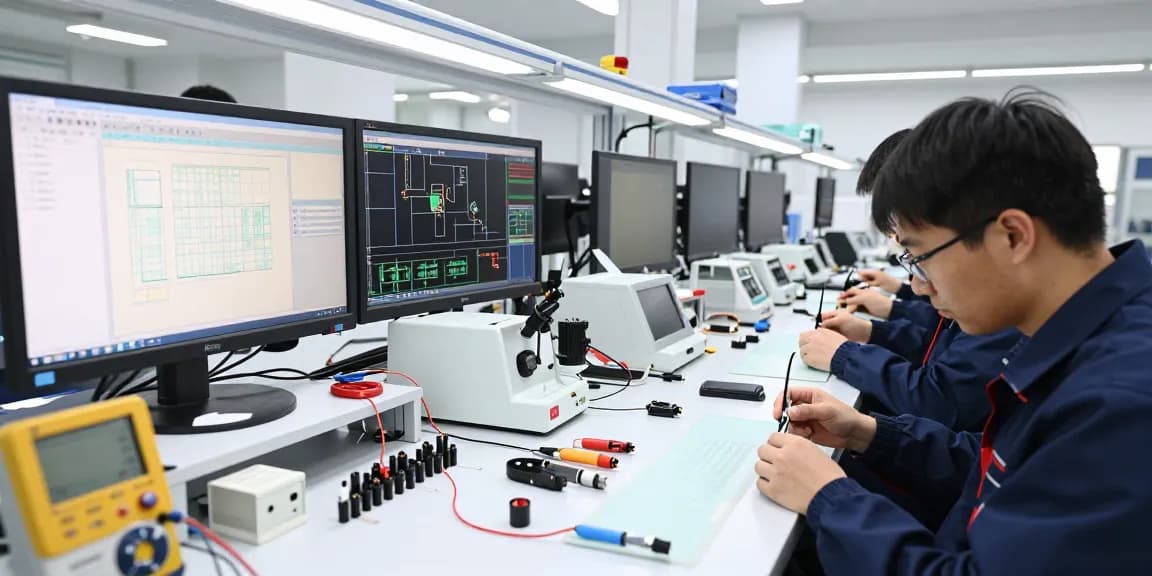 Engineers assembling wire crimp connectors in a modern electronics manufacturing workshop, showcasing precision tools and organized workspace.