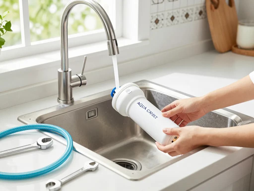 AQUA CREST GXRTQR Inline Water Filter installation in a bright kitchen setting.