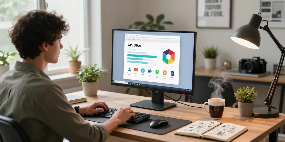 Download WPS Office in a modern home office with productivity tools and warm lighting.