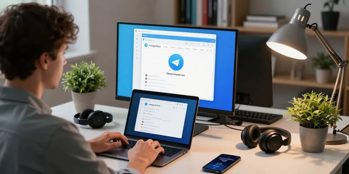 Engaging with the telegram中文版 interface in a modern tech workspace, showcasing productivity and communication.
