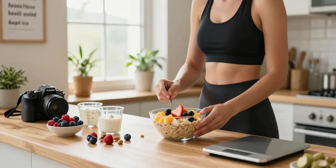 Healthy meal preparation in bright kitchen showcasing the best nutrition tracking app.
