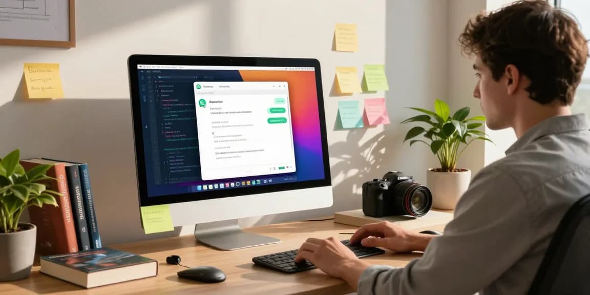 The WhatsApp電腦版 application displayed on a desktop PC in a modern workspace setting, depicting a vibrant chat interface with user interaction.