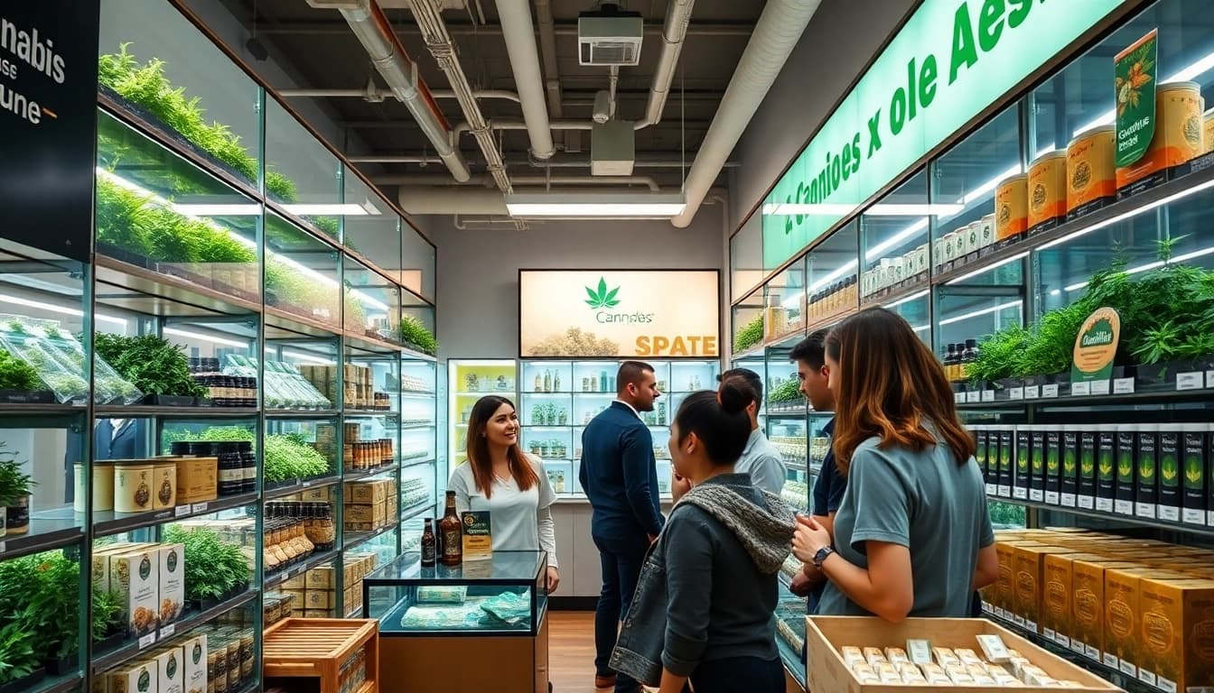 Shop at a bustling Weed Store showcasing diverse cannabis products and engaged customers.