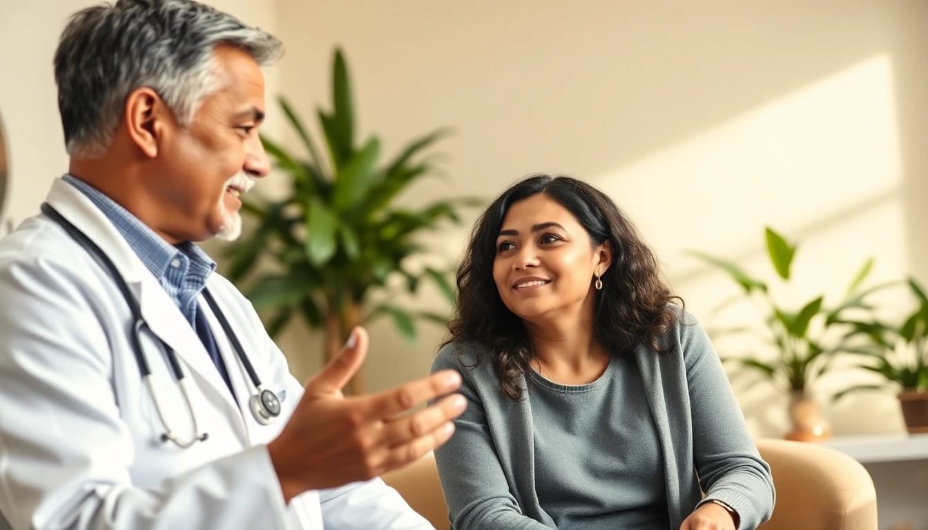Engaging healthcare conversation about Medical marijuana card online in a bright clinic.
