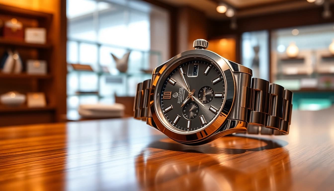 Admiring a detailed rolex replica watch, showcasing its luxurious design and craftsmanship.