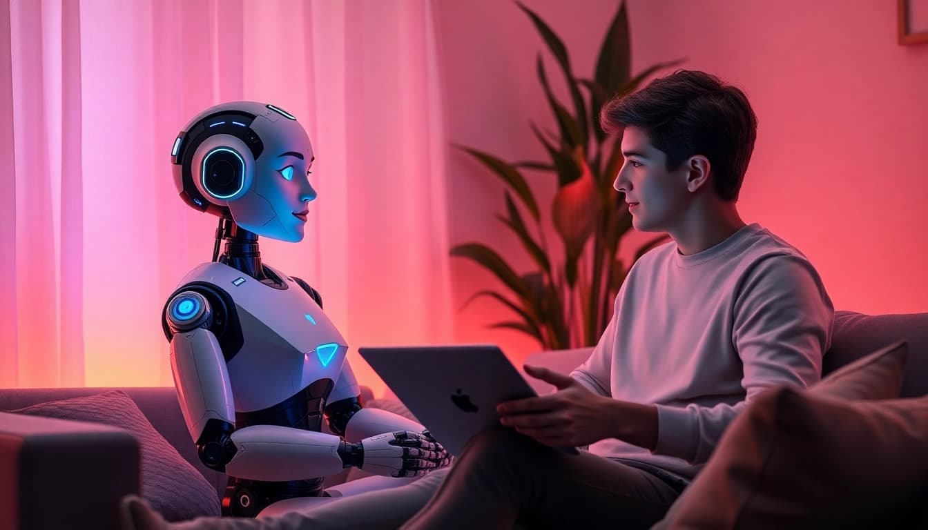 AI sex chat interaction in a cozy, inviting space with digital chatbot and user.