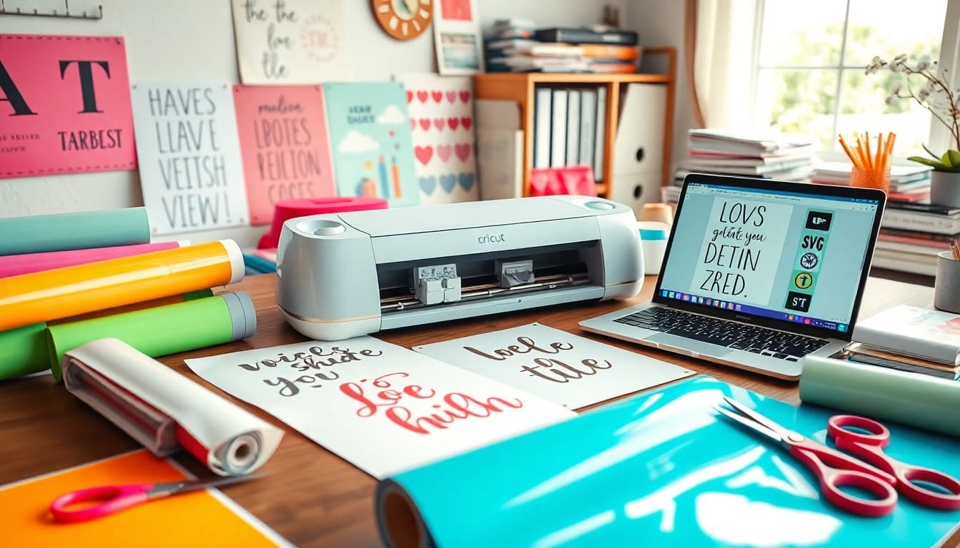 Vibrant workspace showcasing design bundles SVG for Cricut with colorful materials.