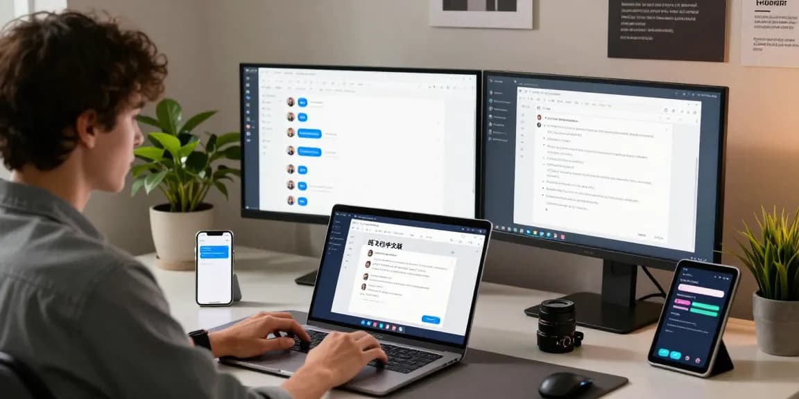 Engaged professional using 纸飞机中文版 on a laptop in a modern workspace.