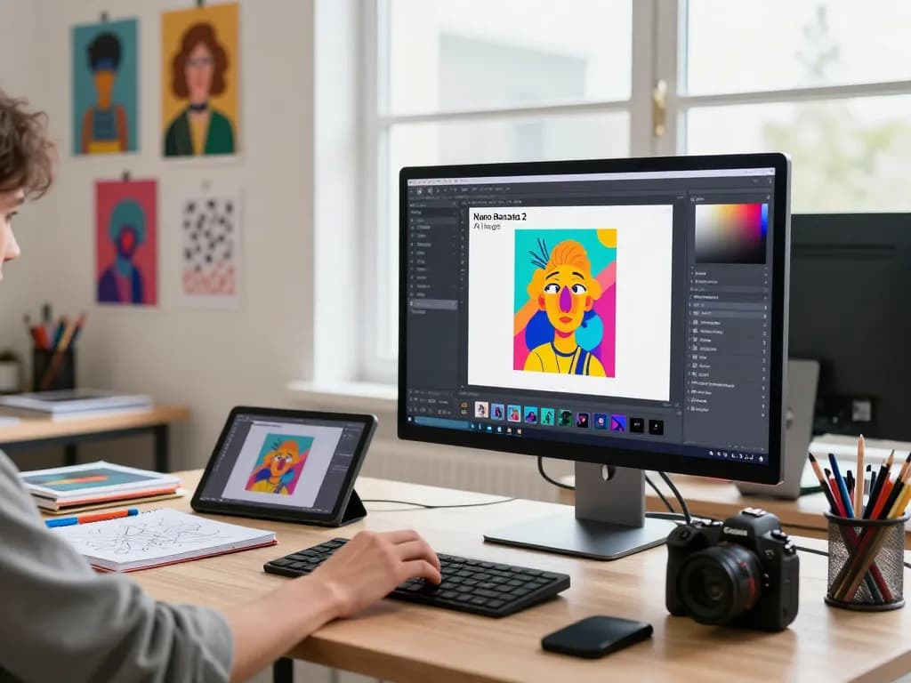 Artist using nano banana 2 AI image editor in a vibrant creative workspace
