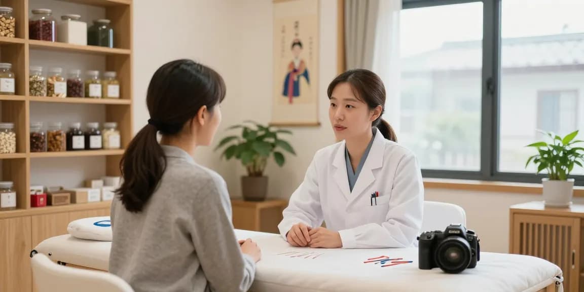 Consultation at 영통한의원 with healthcare professional discussing pain management and wellness.