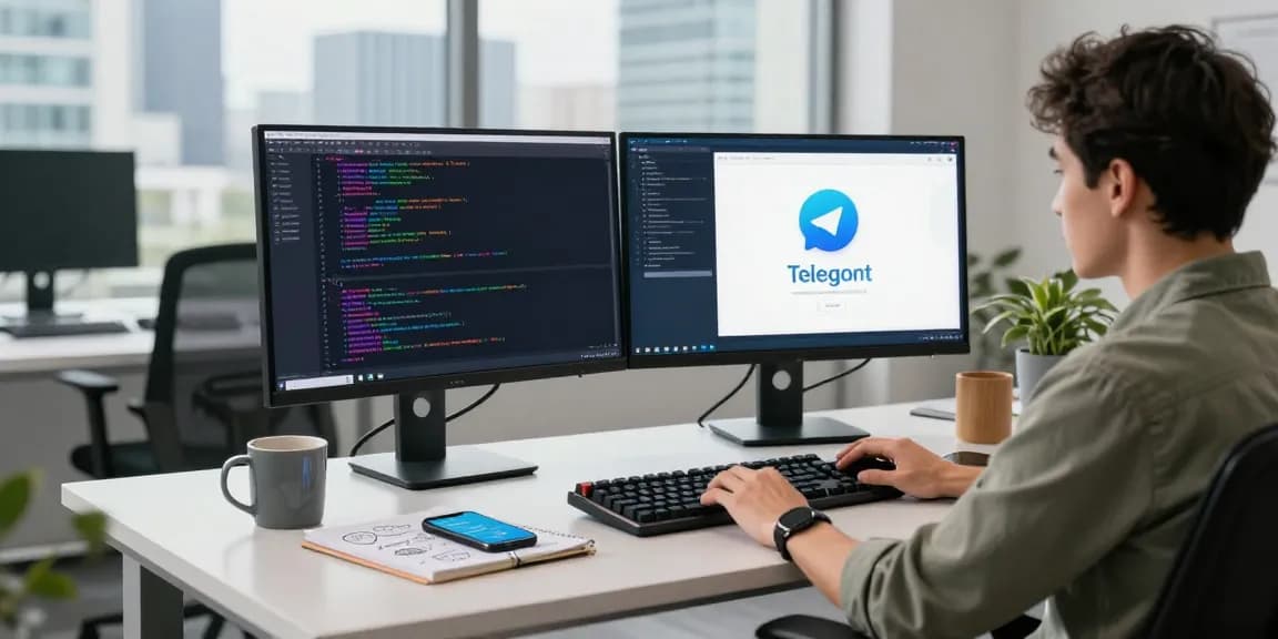 Developer coding on dual monitors showcasing 纸飞机中文版 app interface in a modern tech workspace.