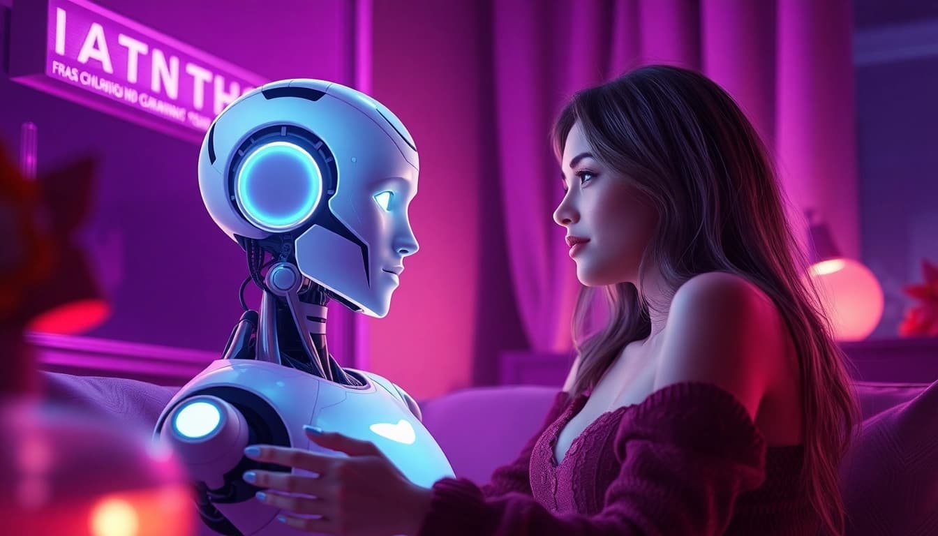 An intimate NSFW AI interaction showcasing a humanoid chatbot warmly engaging with a human user in a cozy, modern setting.