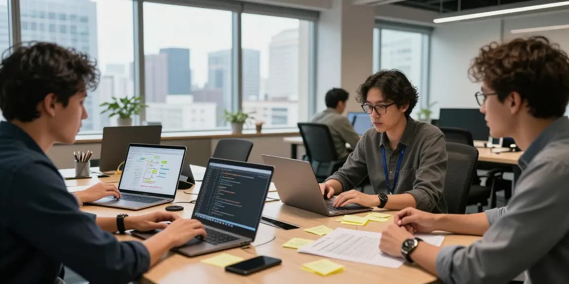 Team collaborating on 24/7 Clones software development project in a modern office, showcasing teamwork.