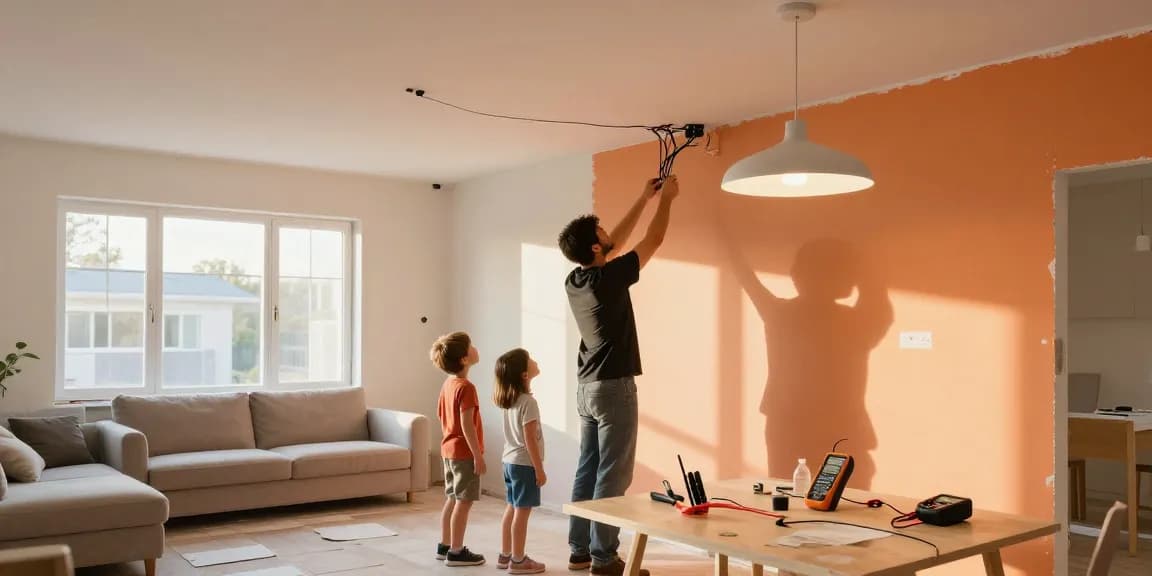 Complete home rewire in progress with family assisting electrician in living room renovation.