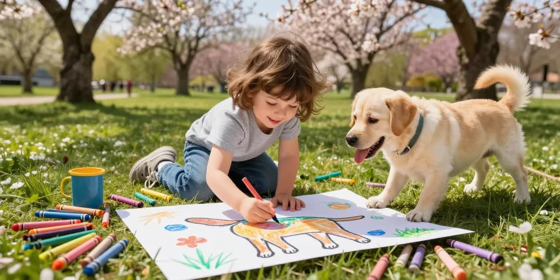 Colorful outdoor scene with a child using Cartoon character coloring pages to color a happy Labrador Retriever.