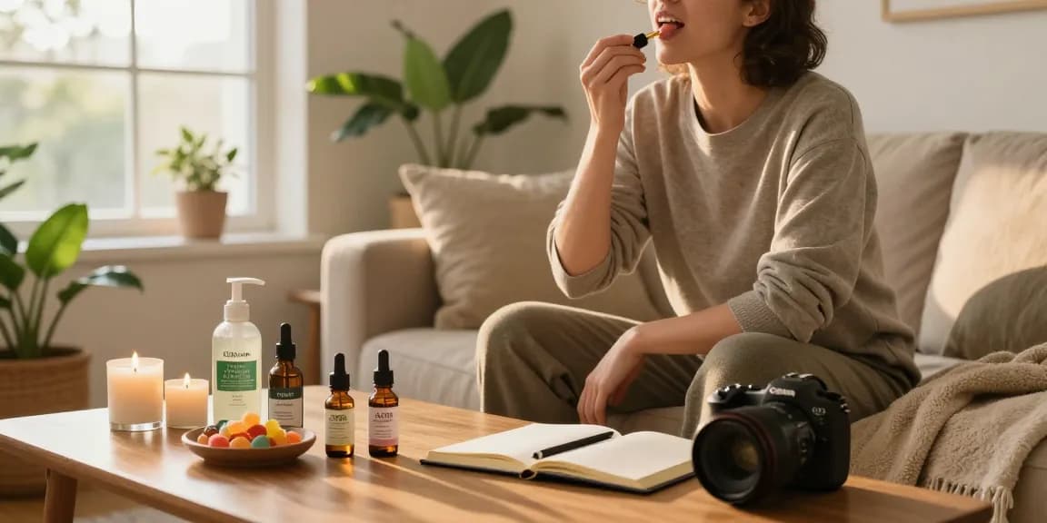 Individual using CBDNorth oil for wellness, surrounded by calming elements in a cozy home.