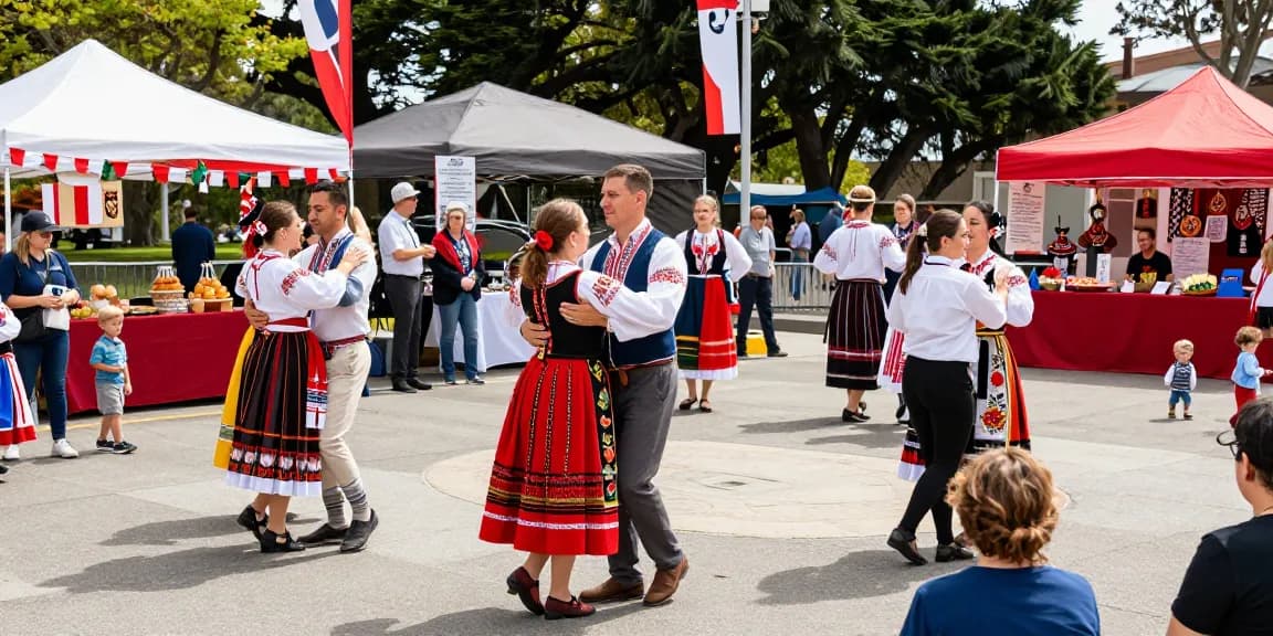 Community event celebrating Polish culture in San Francisco at https://www.sfpol.com/ with vibrant costumes and cultural booths
