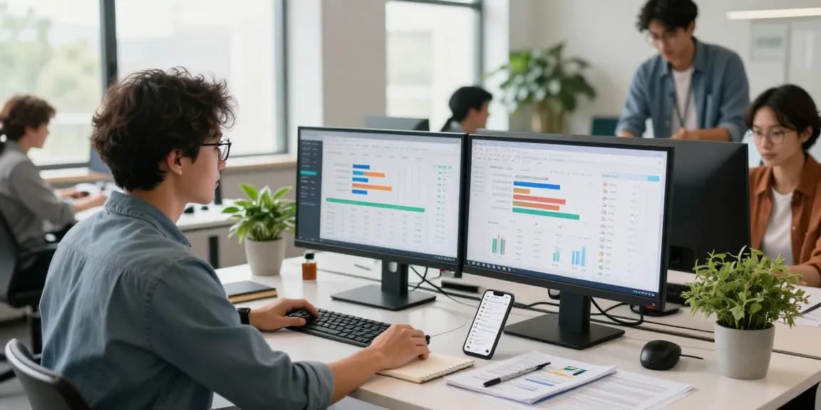 Marketer analyzing data for LLG link indx services in a modern office.