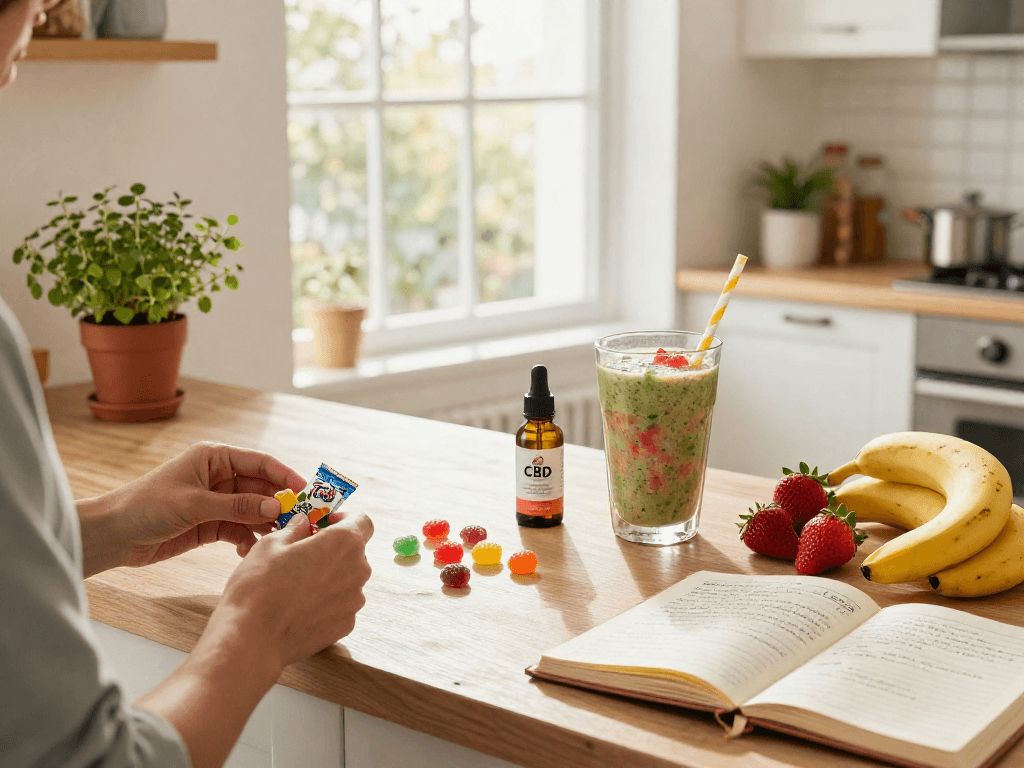Trolli sweets UK displayed alongside CBD oil and fresh fruits in a vibrant kitchen setting, highlighting natural wellness.