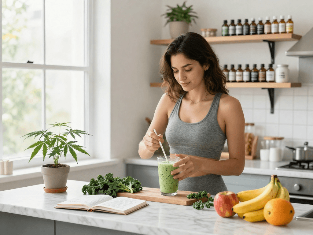 Nationwide online dispensary offering premium CBD oil and natural wellness products in a bright kitchen setup.