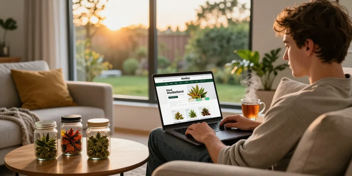 Buy cannabis online in a cozy home setting with a young man browsing Weed Wonderland.